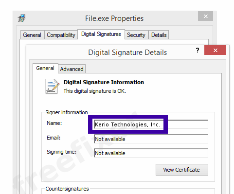 Screenshot of the Kerio Technologies, Inc. certificate